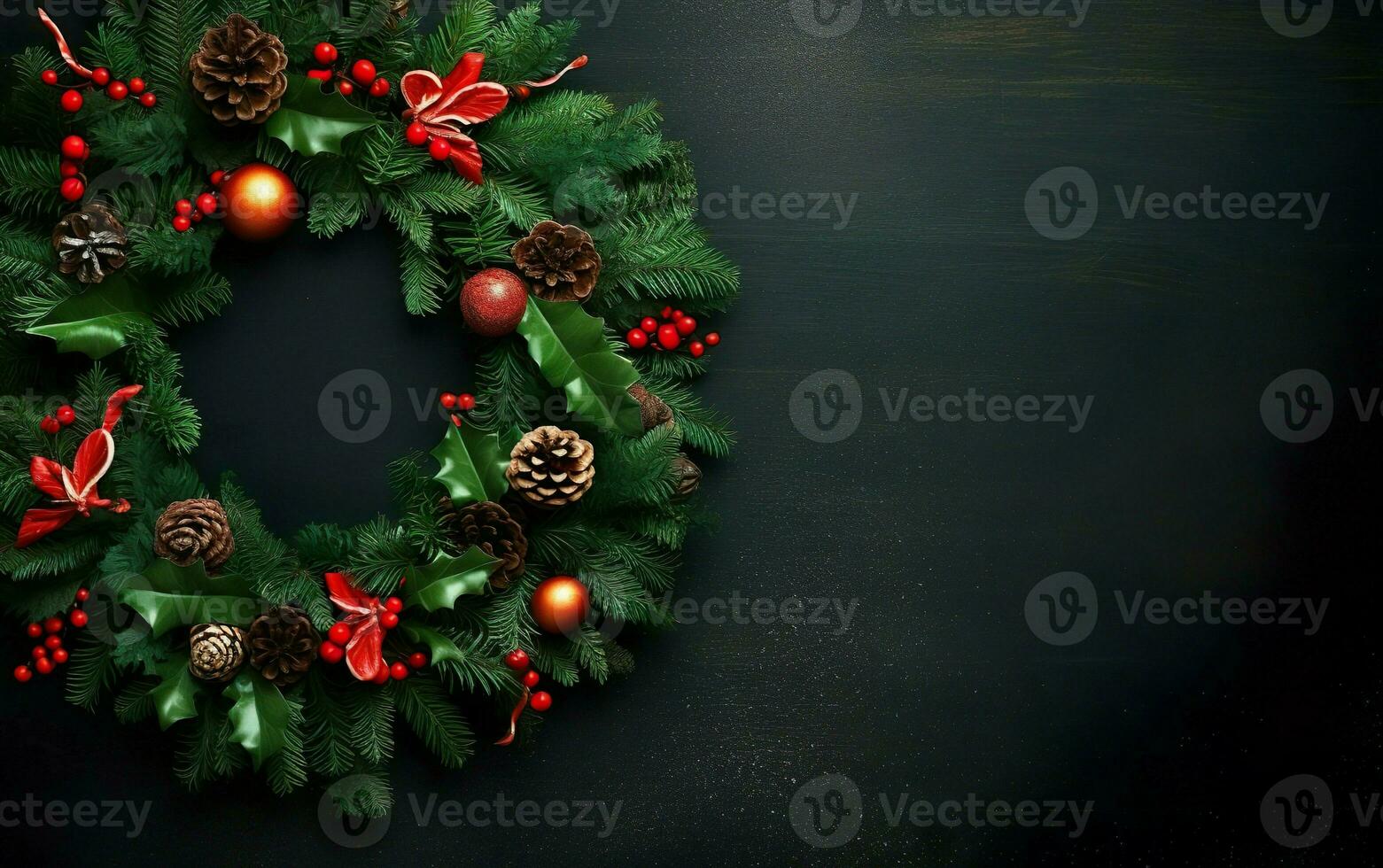 Merry Christmas decorated wreath on a dark background, copy space at the right. AI Generative photo