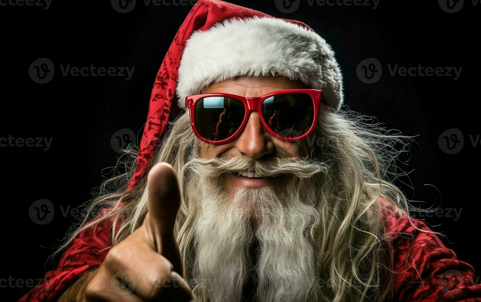 Meme Santa clause surfer wearing sunglasses and giving thumbs up on a black background. AI Generative photo