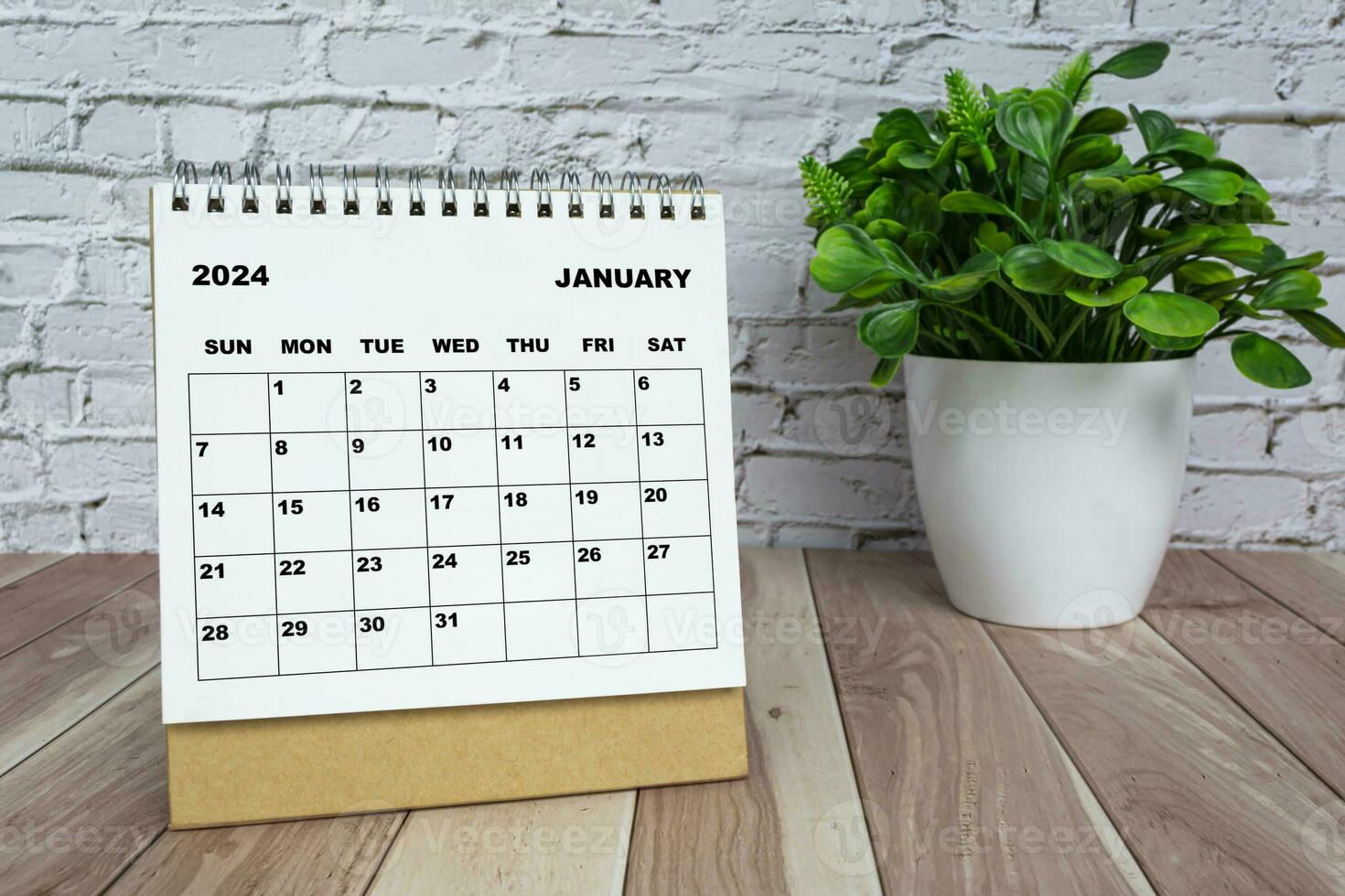 White January 2024 calendar on office wooden desk with potted plant. photo