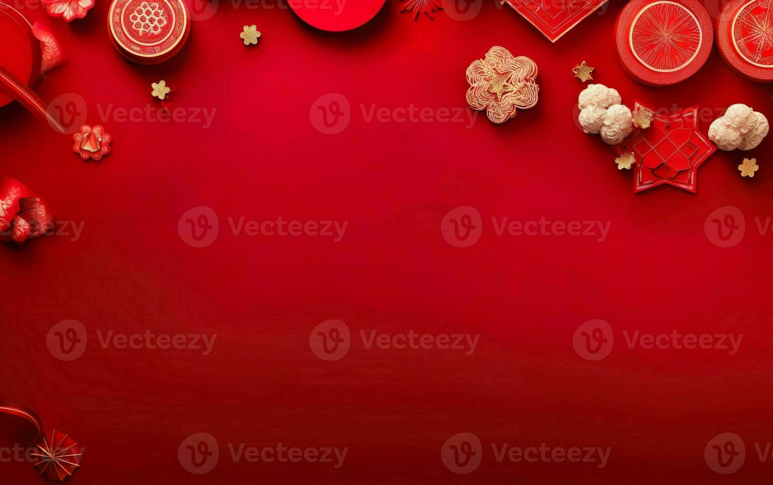 Spring Festival Poster. Banner template. Chinese New Year decorations on bright red background, copy space, flatlay, top view. AI Generative photo