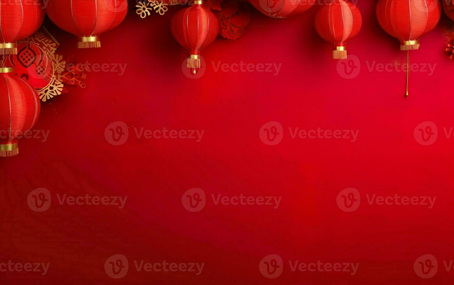 Spring Festival Poster. Banner template with hanging lanterns. Chinese New Year decorations on bright red background, copy space. AI Generative photo