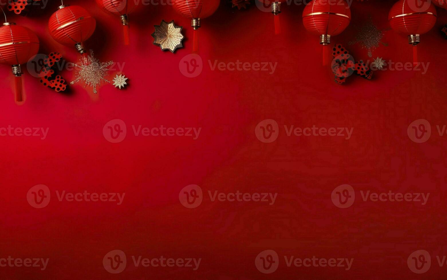 Spring Festival Poster. Banner template with hanging lanterns. Chinese New Year decorations on bright red background, copy space, flatlay, top view. AI Generative photo