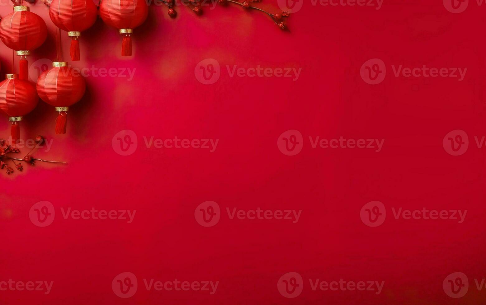 Spring Festival Poster. Banner template with hanging lanterns. Chinese New Year decorations on bright red background, copy space. AI Generative photo