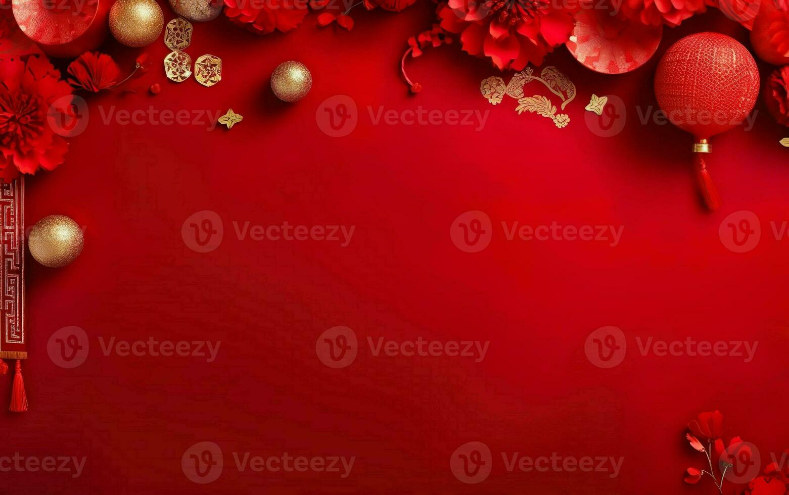 Spring Festival Poster. Banner template with hanging lanterns, flowers. Chinese New Year decorations on bright red background, copy space, flatlay, top view. AI Generative photo