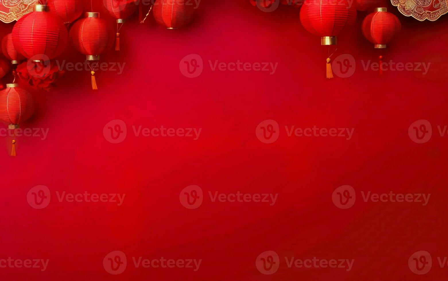 Spring Festival Poster. Banner template with hanging lanterns. Chinese New Year decorations on bright red background, copy space. AI Generative photo