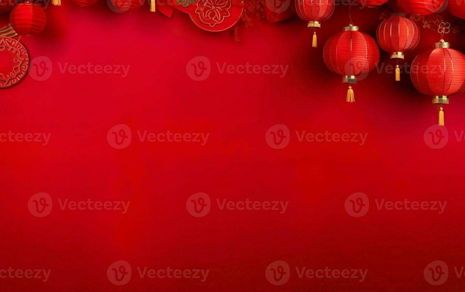 Spring Festival Poster. Banner template with hanging lanterns. Chinese New Year decorations on bright red background, copy space, flatlay, top view. AI Generative photo