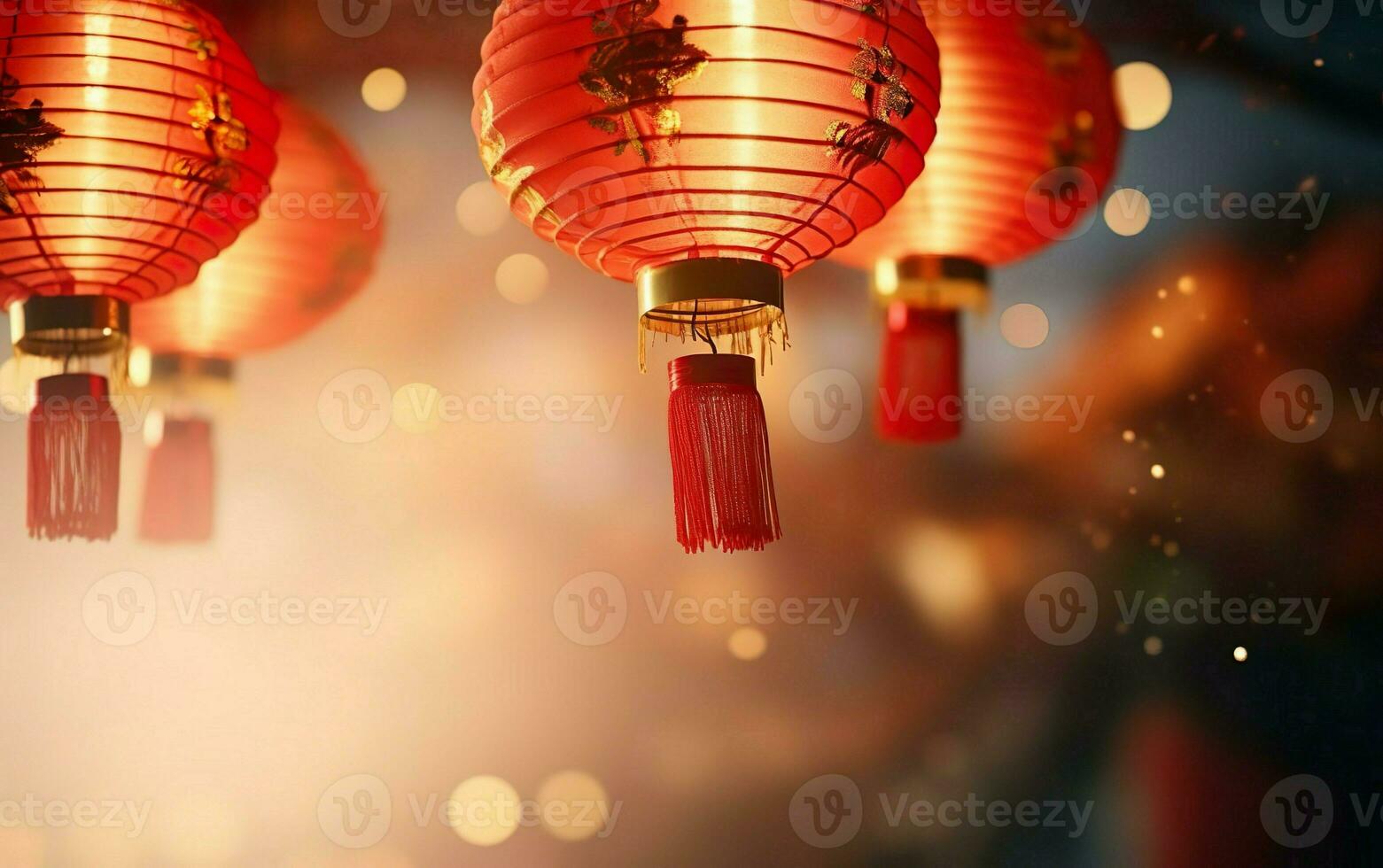 Chinese new year poster, photorealistic red lanterns, copy space, bokeh, de focus. AI Generative photo