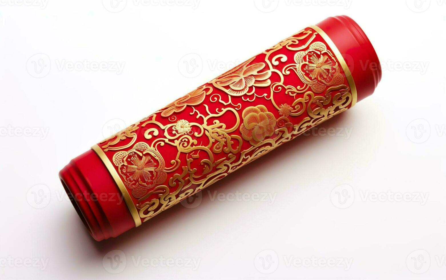 Happy Chinese New Year poster. Big Chinese red crackers isolated on white background. AI Generative photo