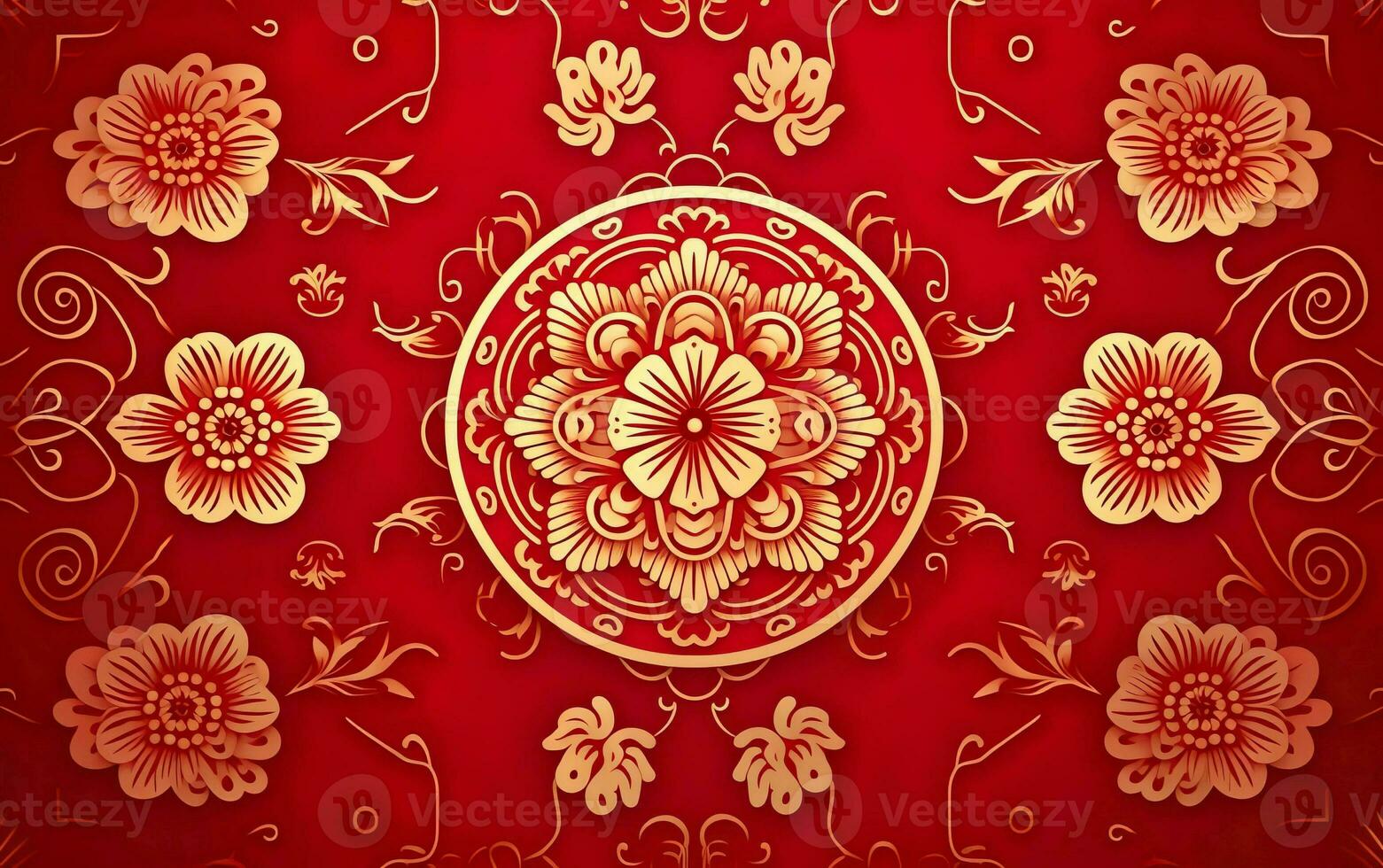 Happy Chinese New Year poster. Golden pattern isolated on red cloth. Traditional textile background. Asian elegant floral texture. Symmetry, beauty. AI Generative photo