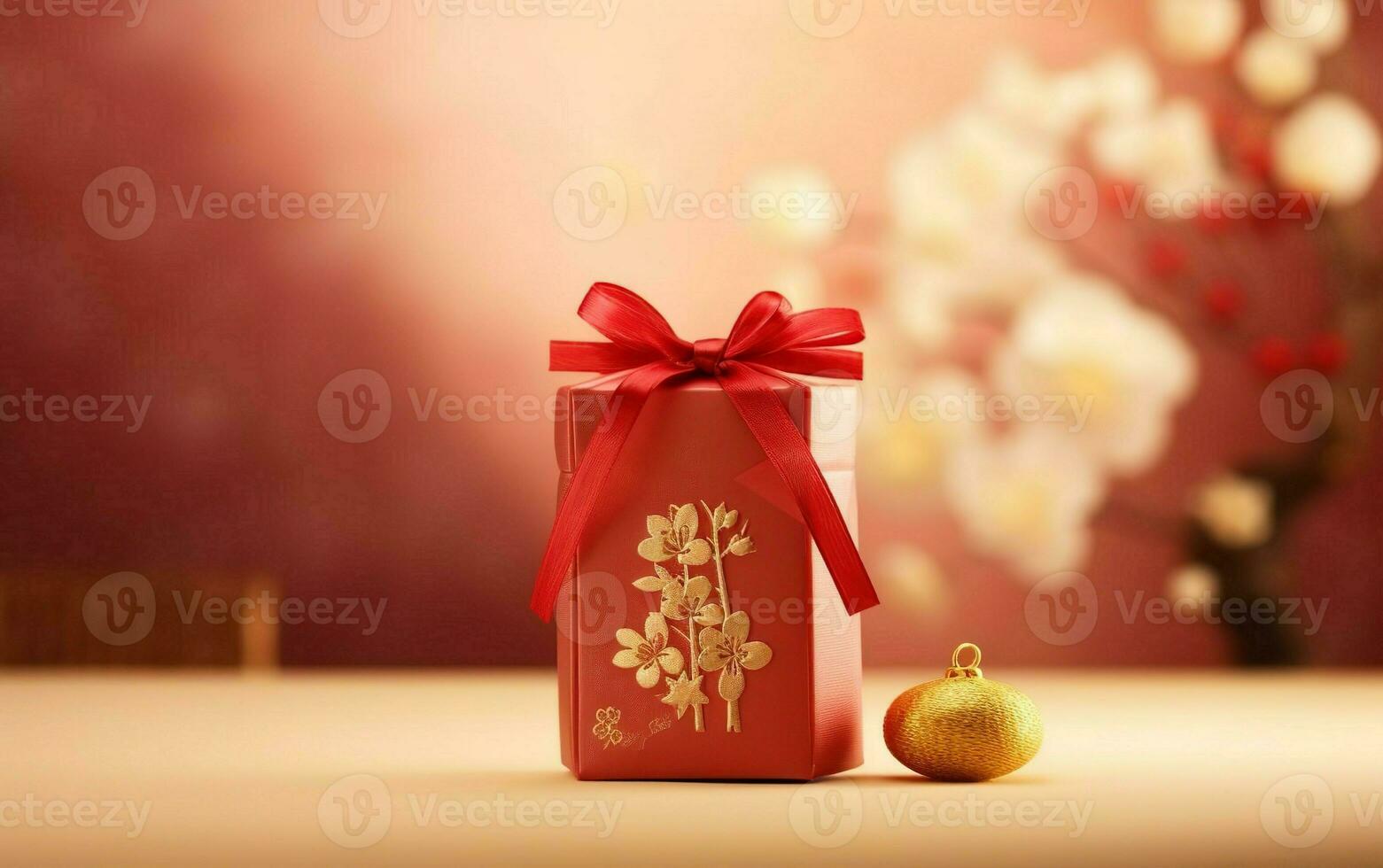 Chinese New Year gift. Photorealistic red box with blurred sakura on the background. AI Generative photo
