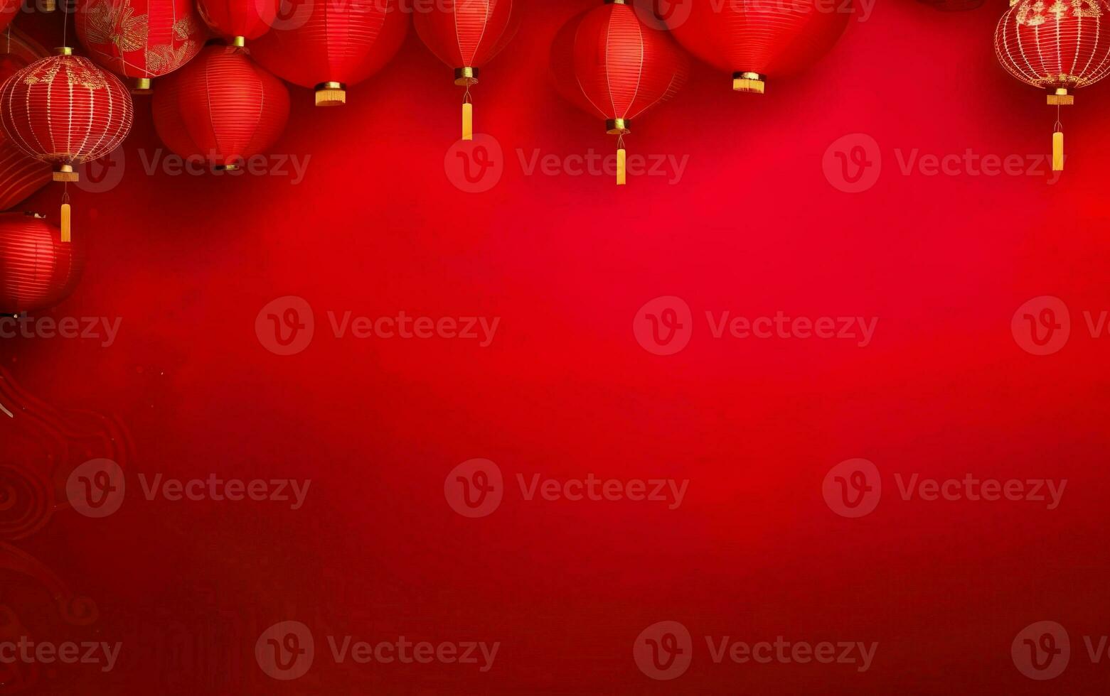Spring Festival Poster. Banner template with hanging lanterns. Chinese New Year decorations on bright red background, copy space. AI Generative photo