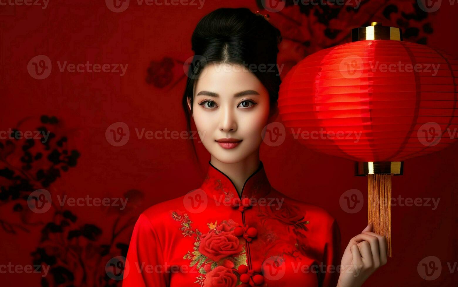Happy Spring Festival Poster. Chinese New Year banner template. Pretty Asian woman in traditional red clothes holding a red lantern on bright red background, copy space. AI Generative photo