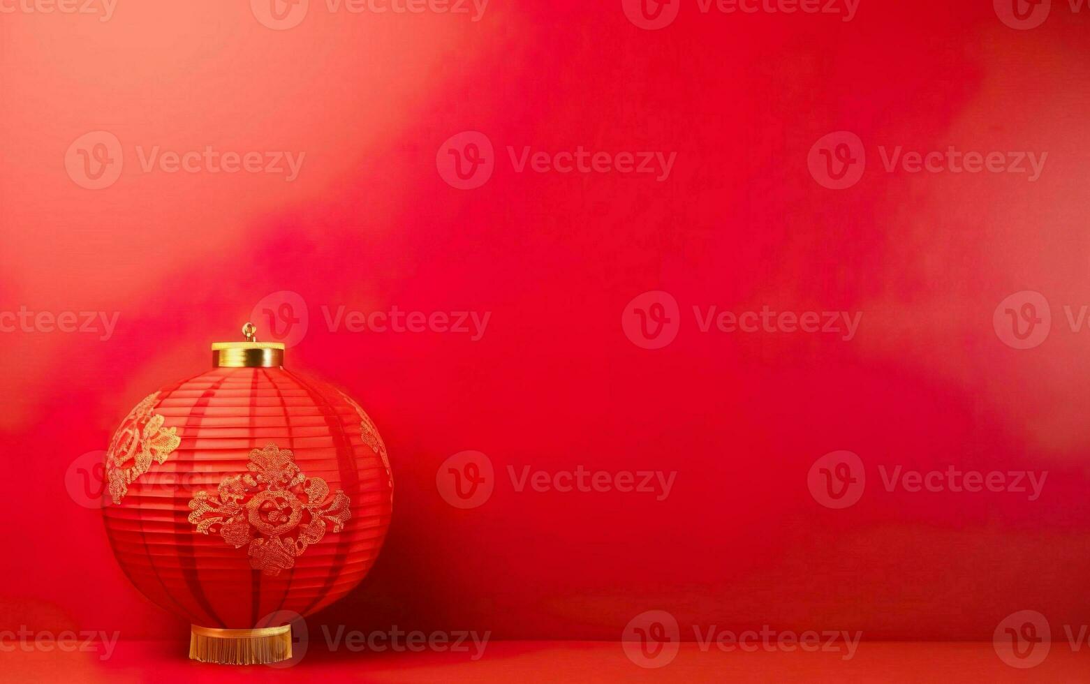 Spring Festival Poster. Minimalistic modern banner template with one lantern. Chinese New Year decorations on bright red background, copy space. AI Generative photo