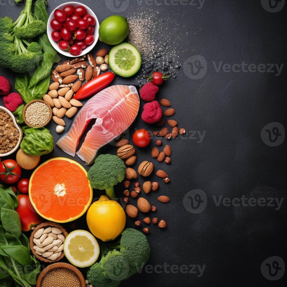 Healthy food with fish, vegetables, nuts and other ingredients generated with AI photo