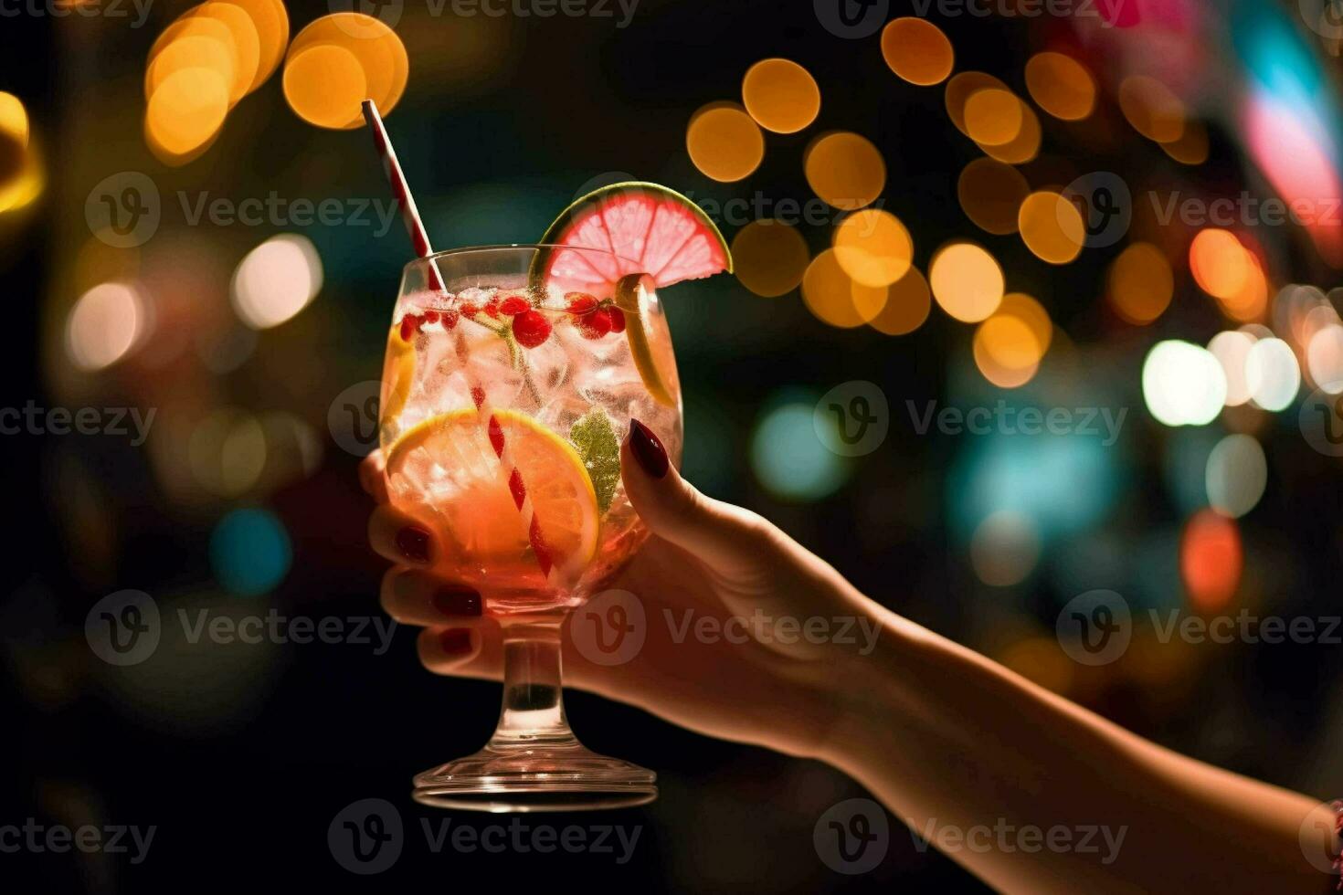 A person holding up a glass of wine with a slice of lemon generated with AI photo