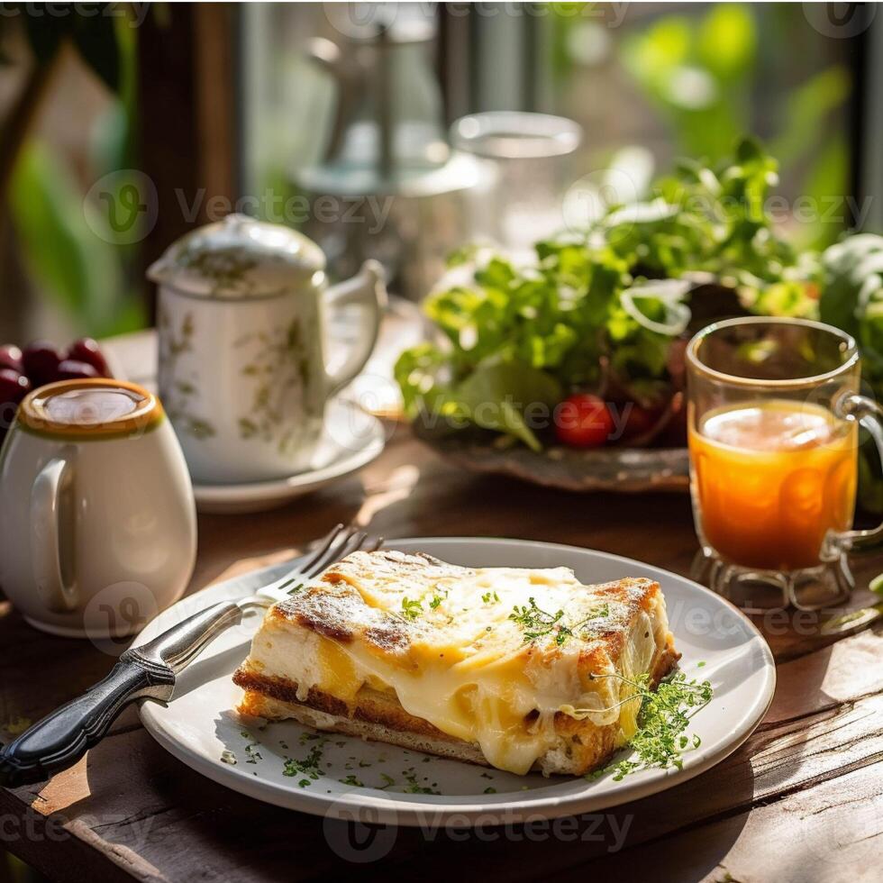 Sliced bread with butter and cheese on wooden table generated with AI photo
