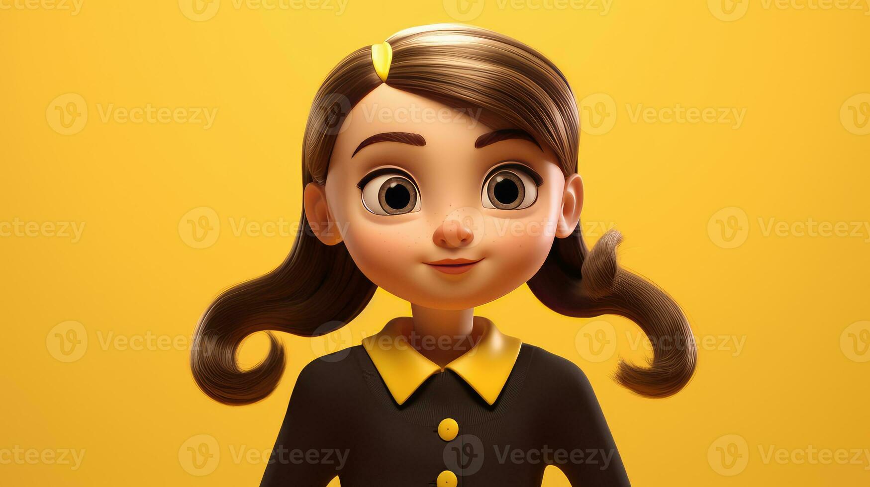 ai generado linda pequeño niña en colegio uniforme con amarillo fondo, espalda a colegio concepto foto