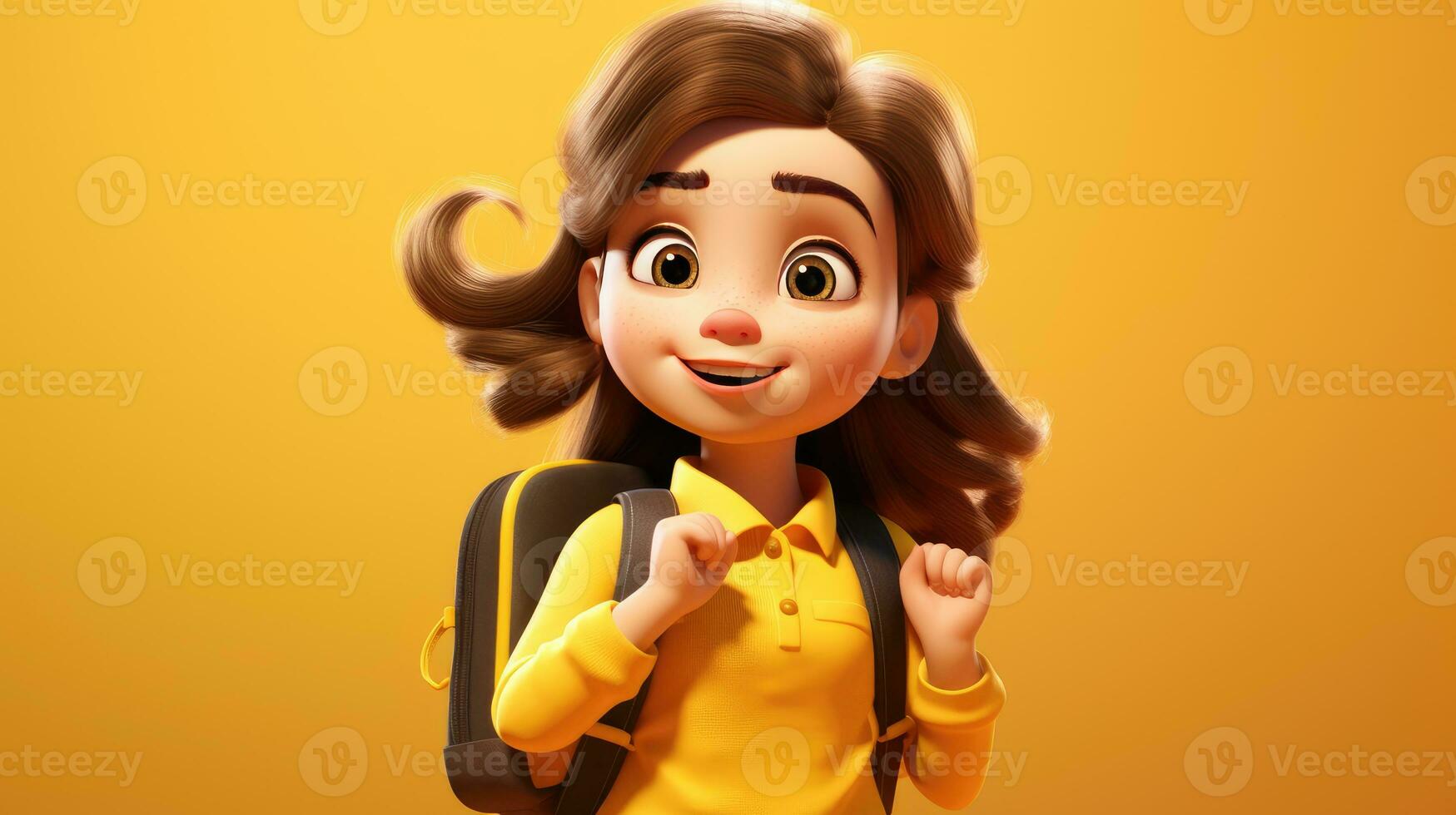 ai generado linda pequeño niña en colegio uniforme con amarillo fondo, espalda a colegio concepto foto