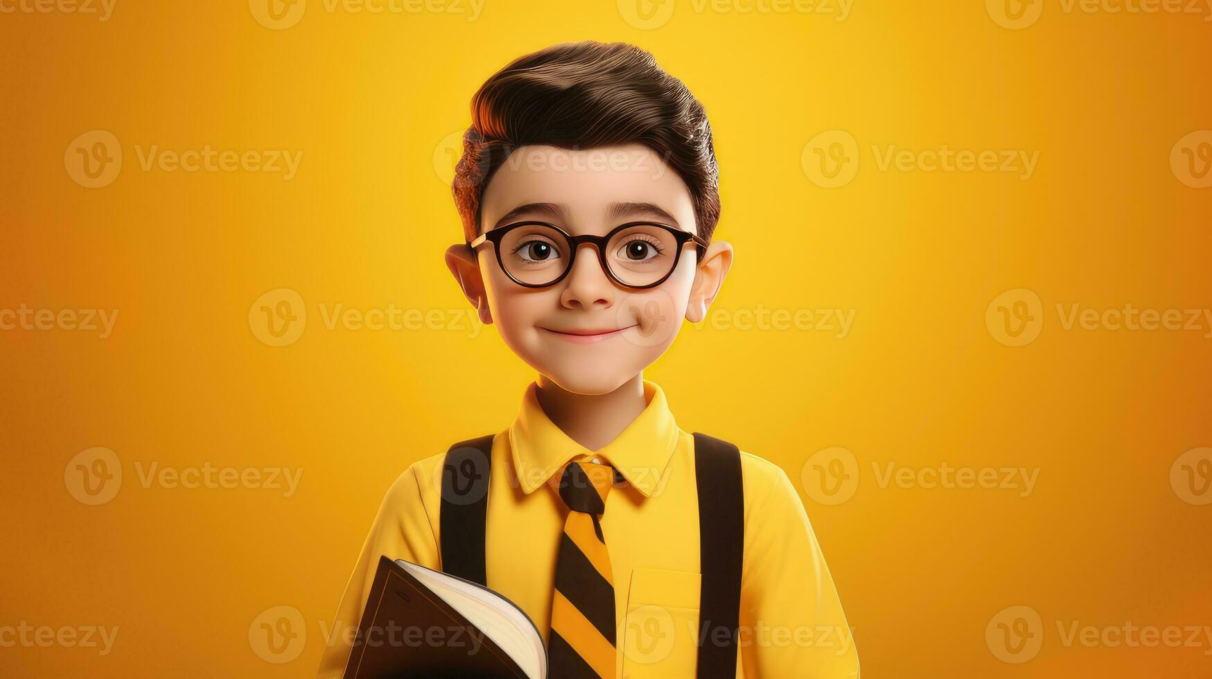 AI generated cute little girl in school uniform with yellow background, Back to School Concept photo