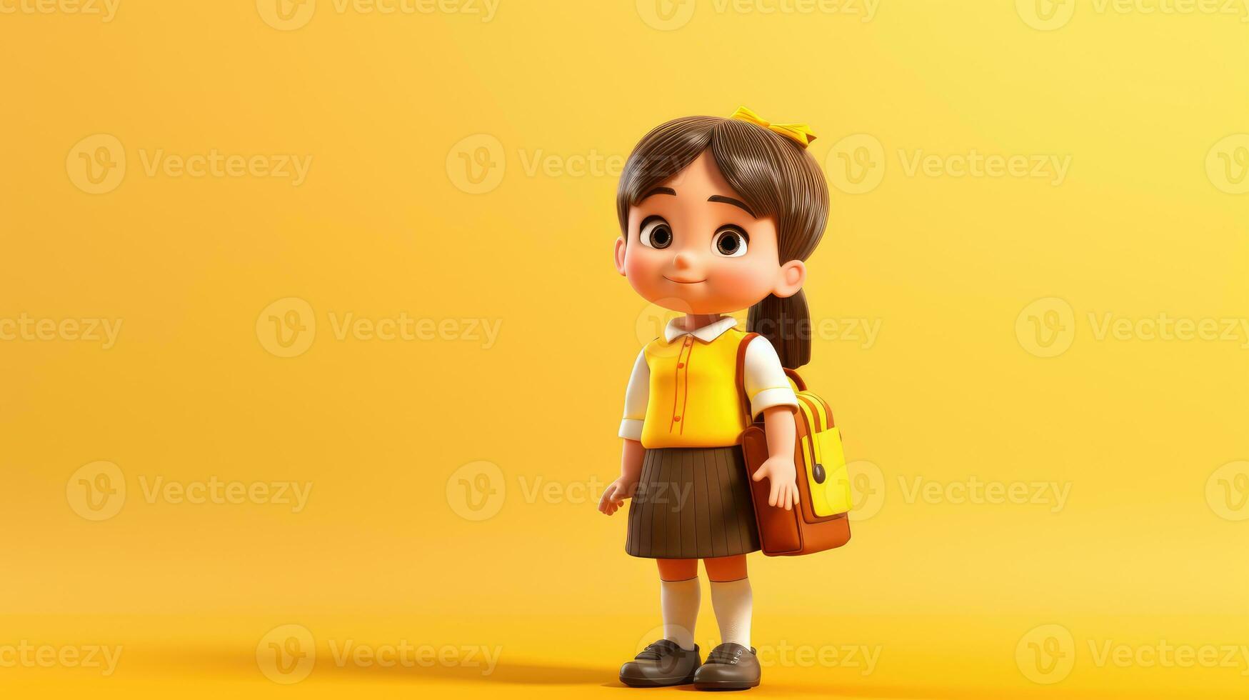 ai generado linda pequeño niña en colegio uniforme con amarillo fondo, espalda a colegio concepto foto