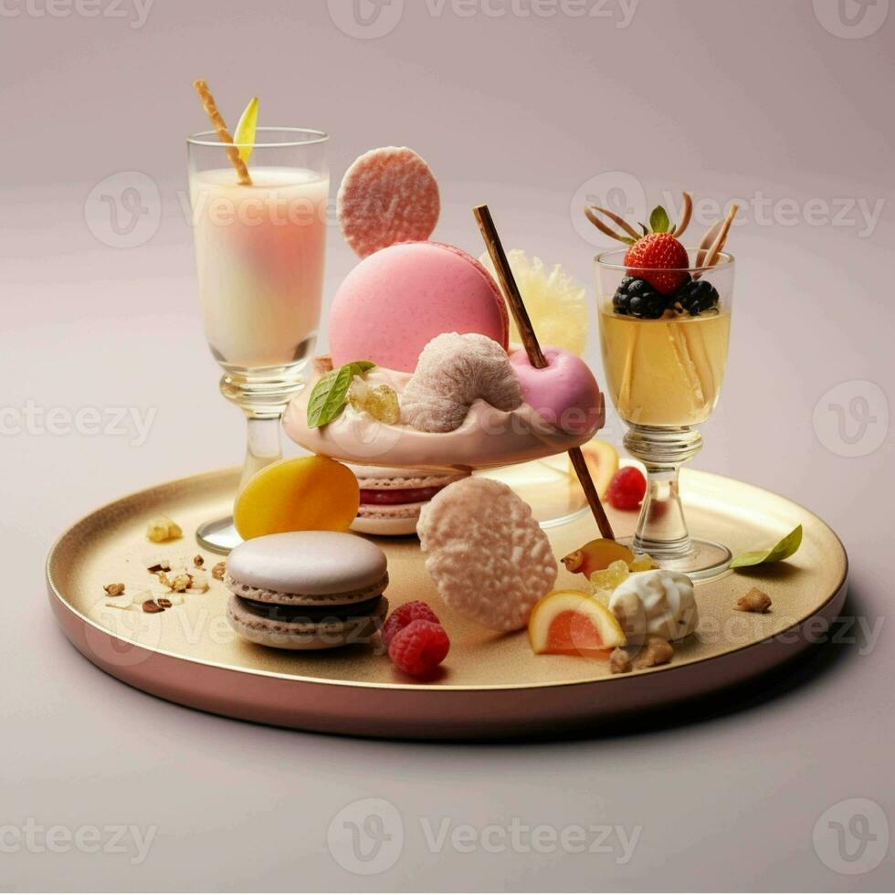 A dessert tray with ice cream, cake and other desserts generated with AI photo