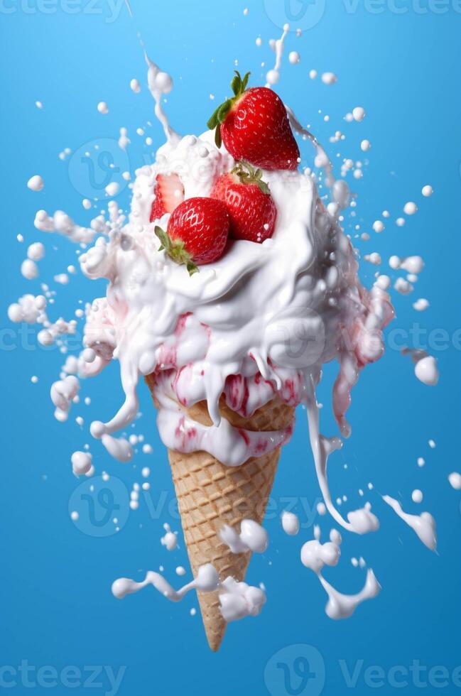 Ice cream with strawberries splashing in it generated with AI photo