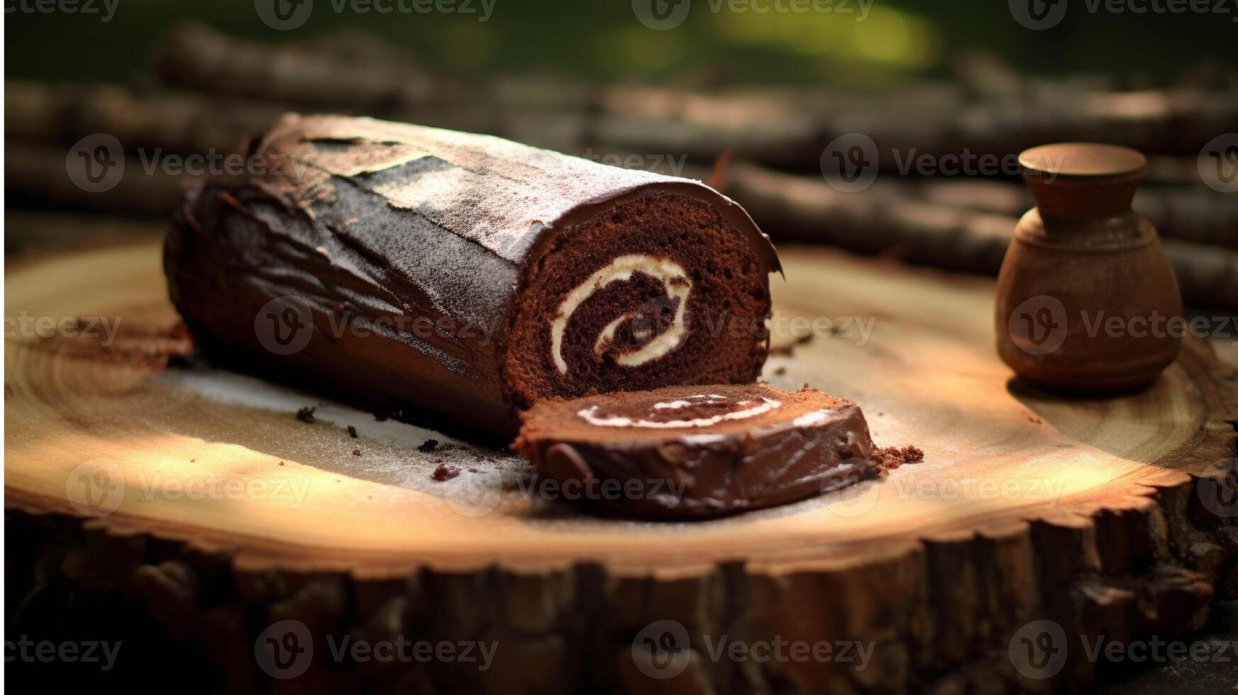 chocolate rodar pastel en un de madera tablero generado con ai foto