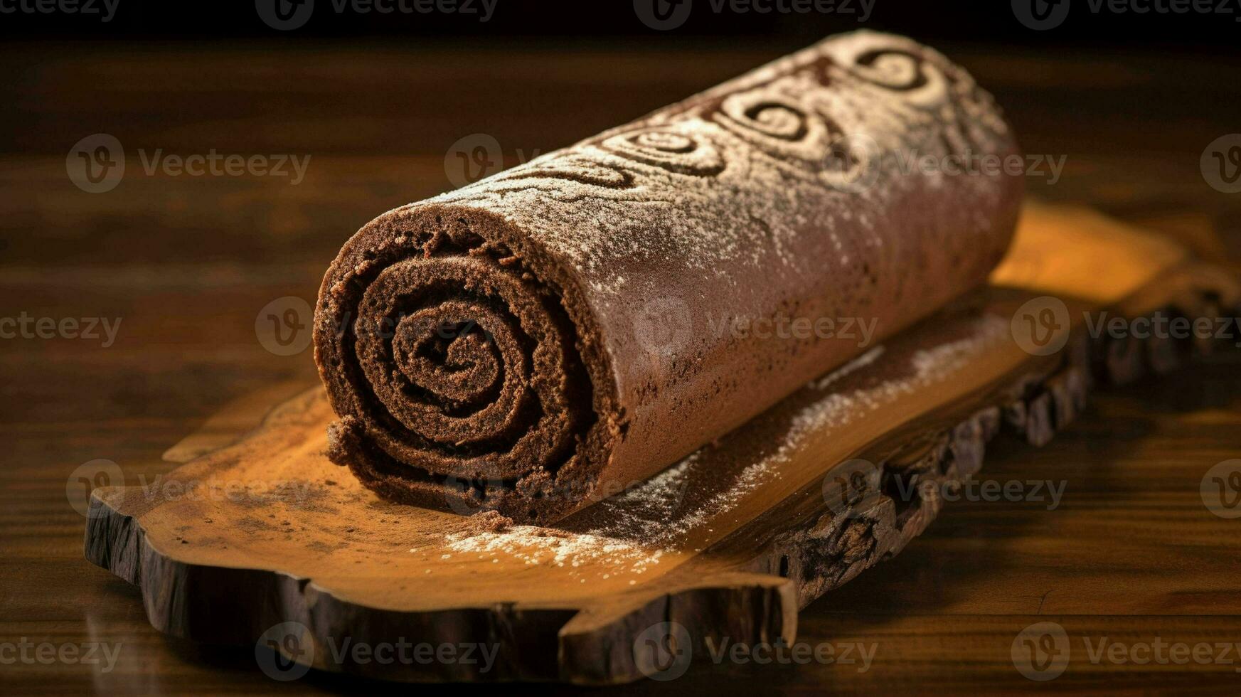 Chocolate roll cake on a wooden board generated with AI photo