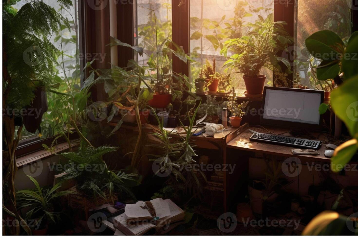 Interior of modern living room with green plants in pots generated with AI photo