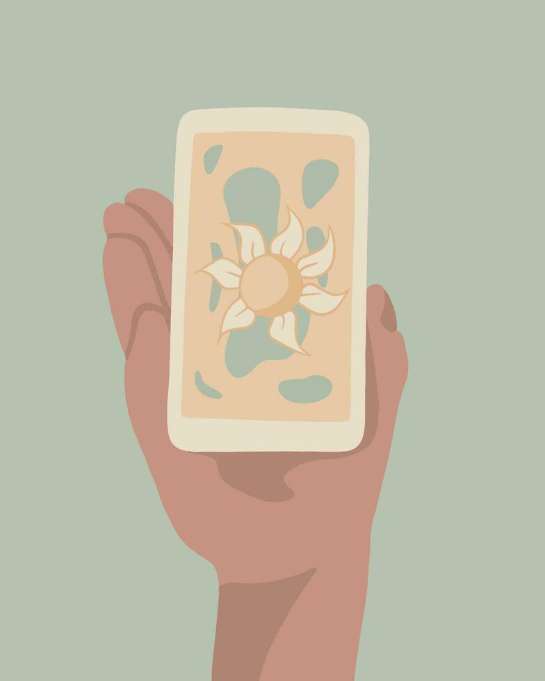 Vector isolated illustration of tarot card showing human hand. Tarot online. Prediction of the future. Divination on cards.