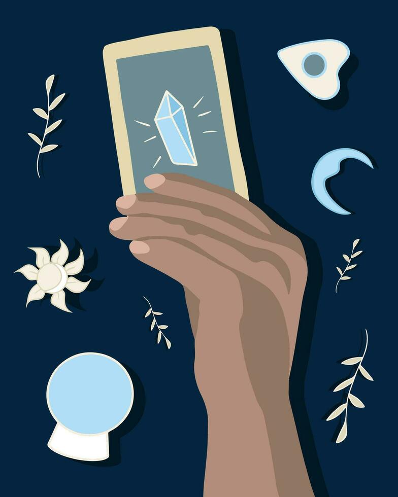 Vector isolated illustration of tarot card showing human hand. Divination on cards. Prediction of the future.