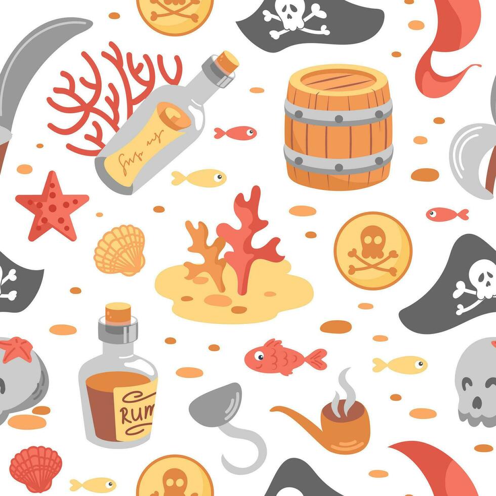 Childrens pirate seamless pattern. Hook and cocked hat, sailors saber, skull, barrel and starfish. Bottle, smoking pipe, gold doubloon, rum, coral. For wallpaper, fabric, packaging vector