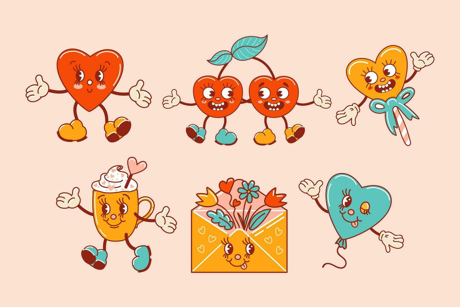 Set for Valentines Day. Characters in old retro cartoon style. Dancing funky-groovy cute hearts, a cup of coffee, a cherries in love, a lollipop, a congratulatory envelope with flowers, a balloon. vector