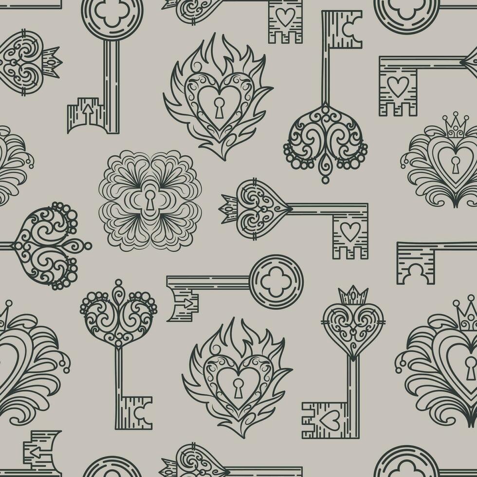 Vintage seamless pattern of keyholes and locks in Gothic style. Filigree, heart with crown, floral motif, leaves and herbs. Magical items, fantasy, boho. Halloween, Valentines Day. witchcraft. vector