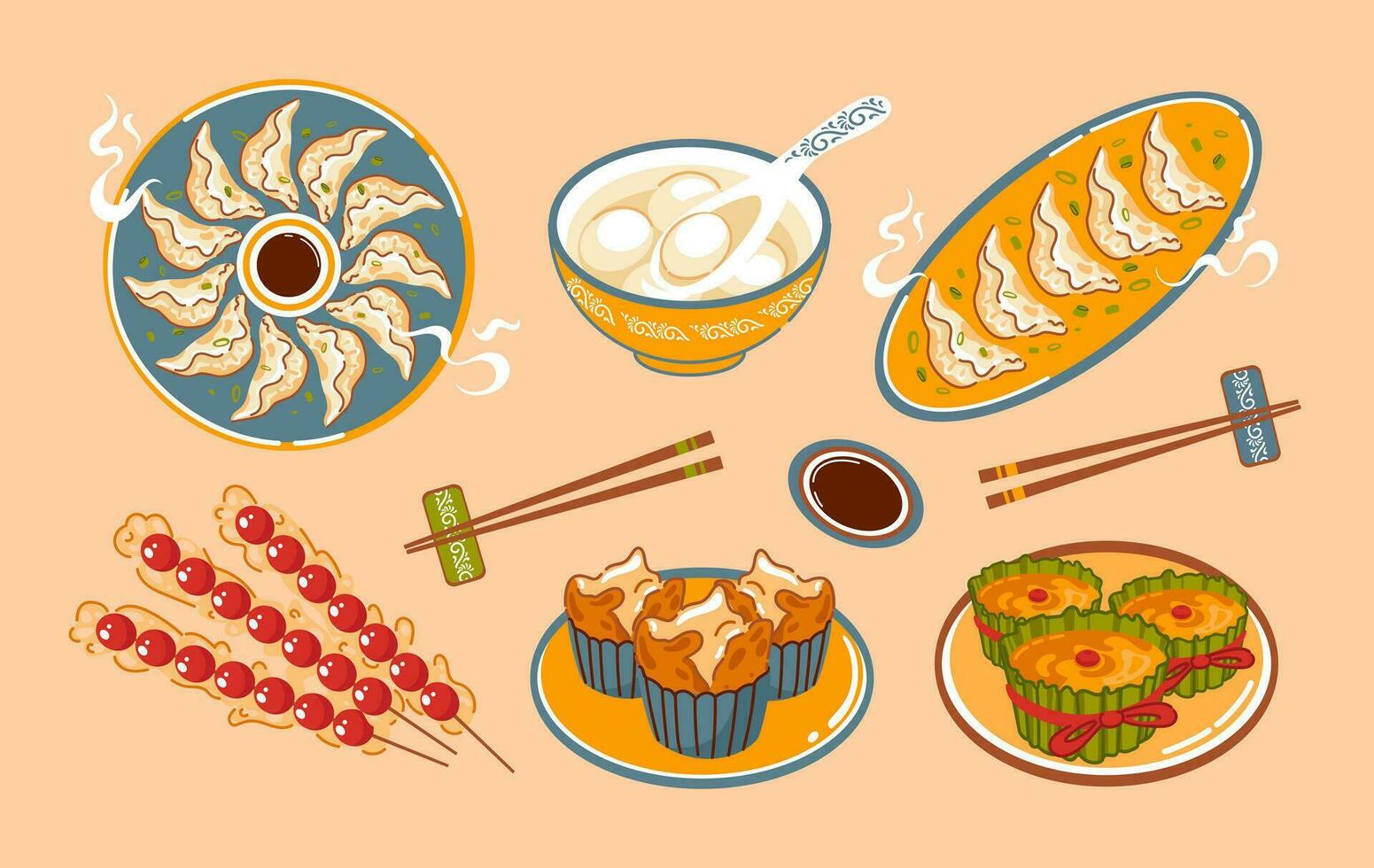 Traditional Asian food for Chinese New Year. Nian Gao, rice cake. Fa Gao. Southern Rice Balls Ningbo. Soup balls. Candied haws. Jiaozi. dumpling. chopsticks, soy sauce. menu, cafe. vector