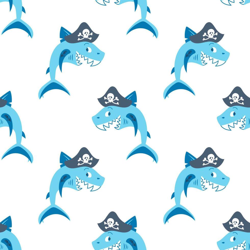 Cute shark pirate in a cocked hat, laughs. Anchor tattoo on fin. Children cartoon character. Adventures and travel. seamless pattern in flat style. For wallpaper, fabric, wrapping, background. vector
