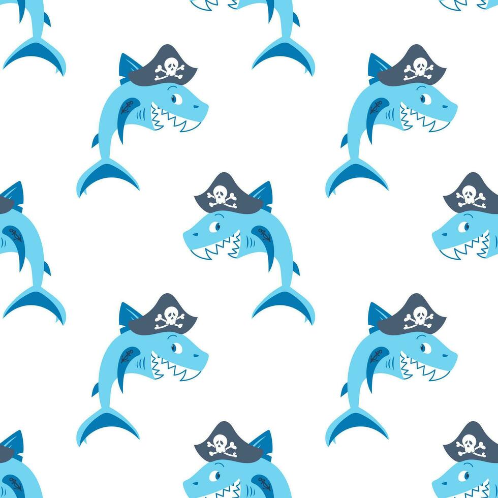 Cute shark pirate in a cocked hat, laughs. Anchor tattoo on fin. Children cartoon character. Adventures and travel. seamless pattern in flat style. For wallpaper, fabric, wrapping, background. vector