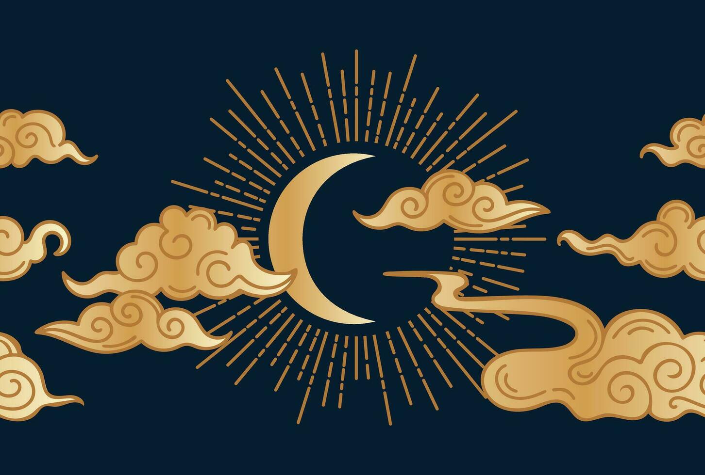 Luna y nubes en asiático estilo vector