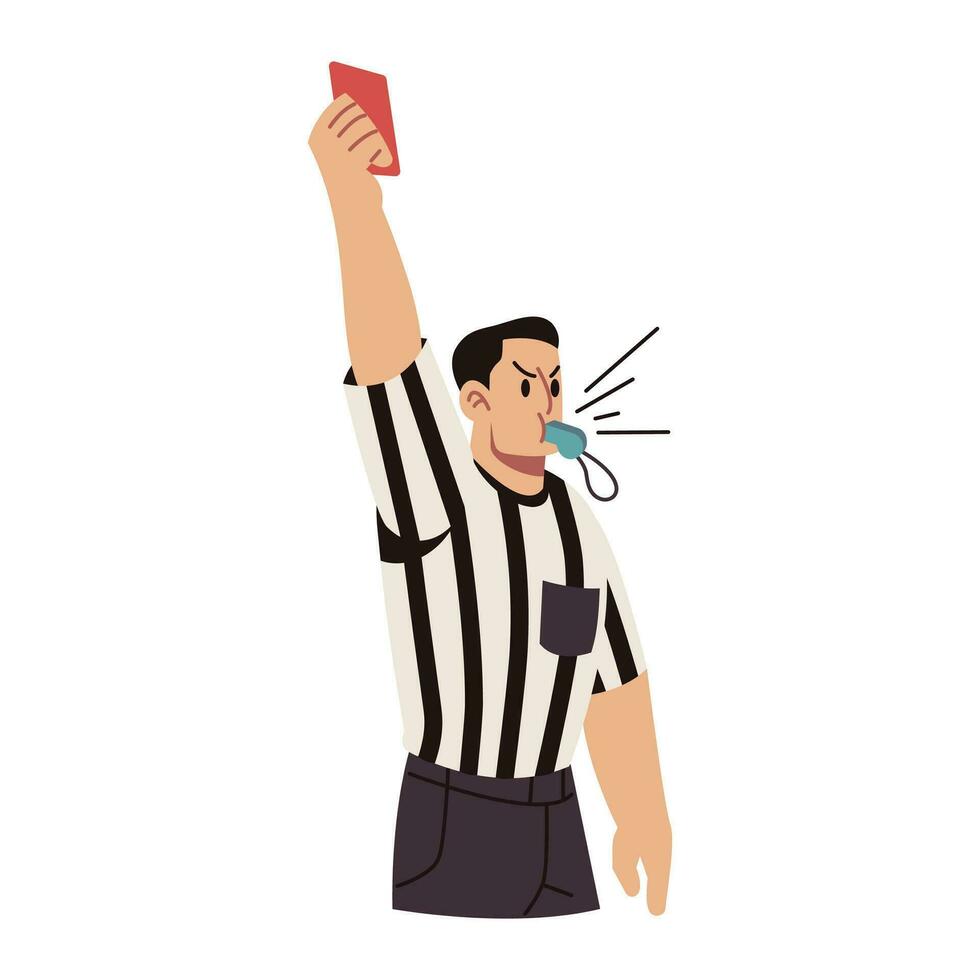 fútbol árbitro golpes silbar y muestra rojo tarjeta vector dibujos animados ilustración