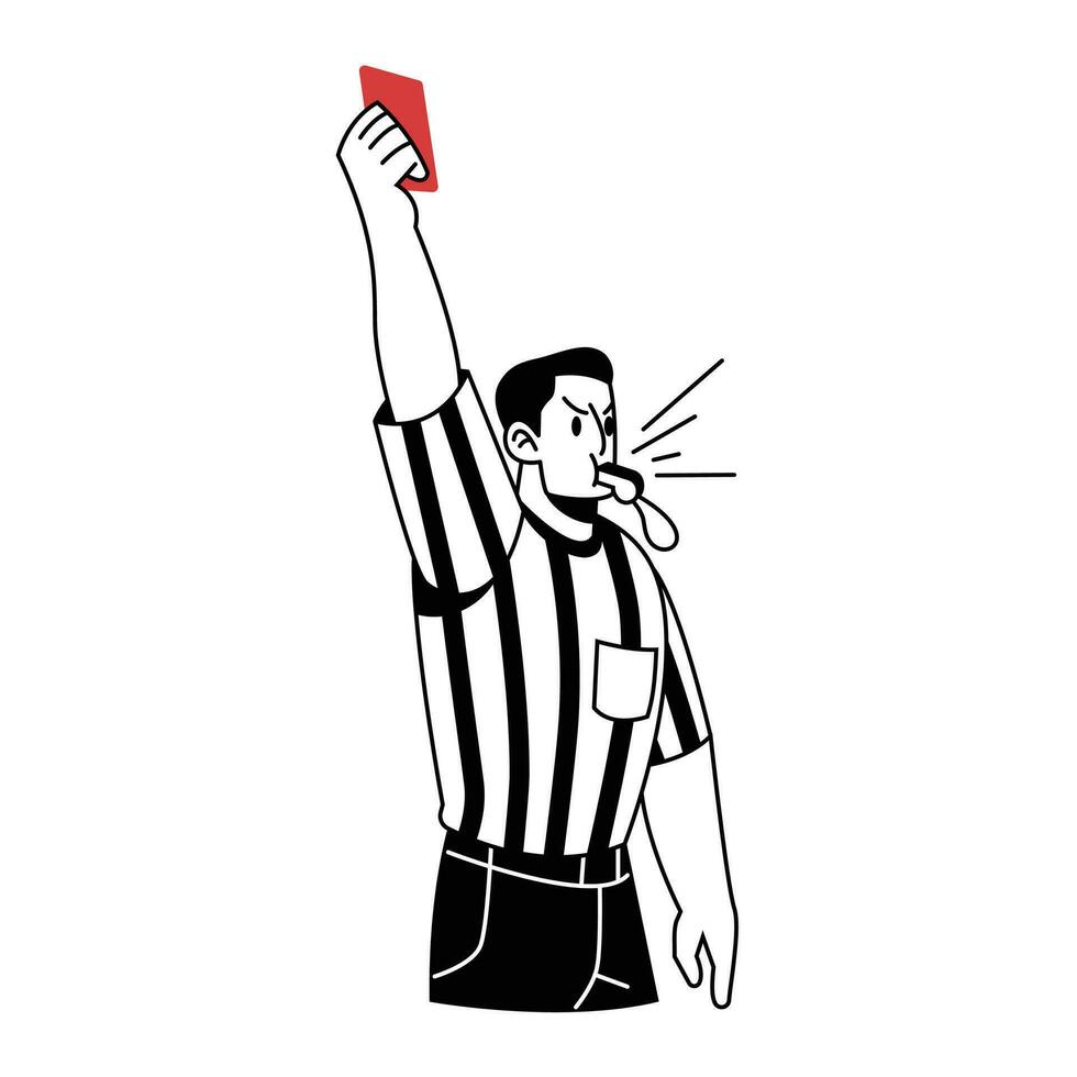 Soccer Referee Blows Whistle and Shows Red Card Vector Cartoon Illustration