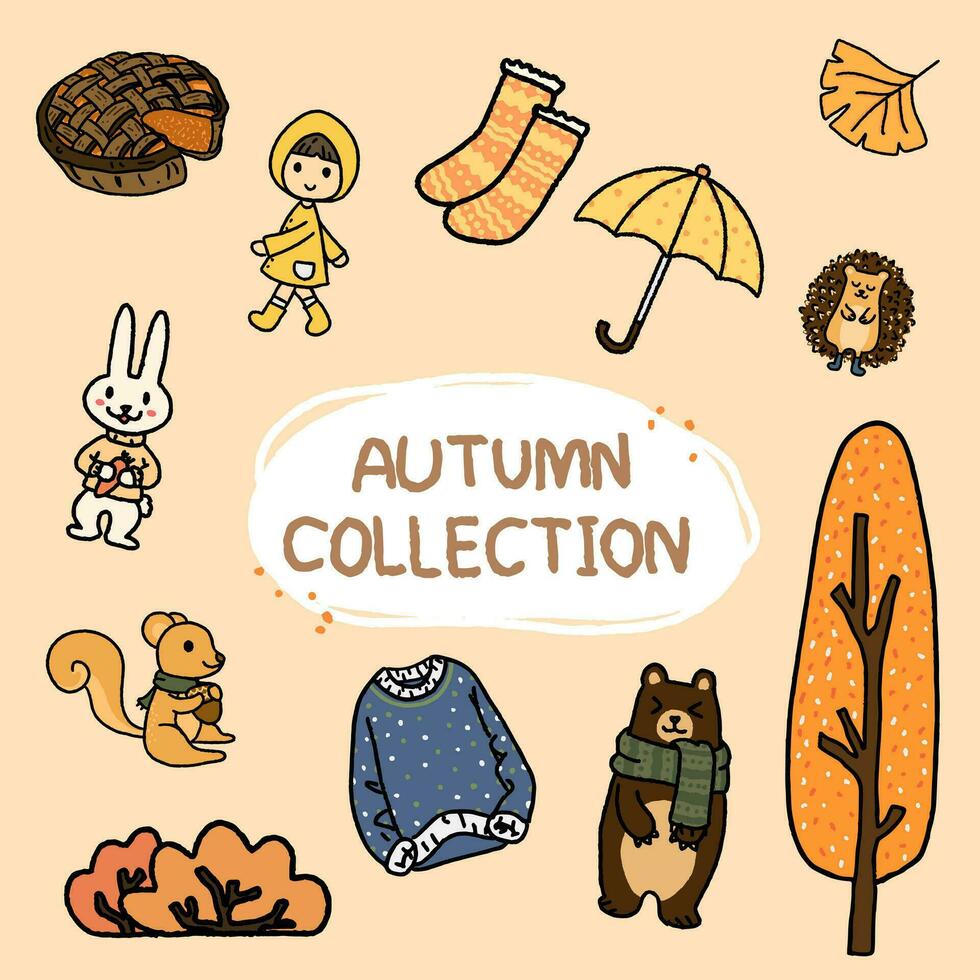 autumn collection set of hand drawn icons vector