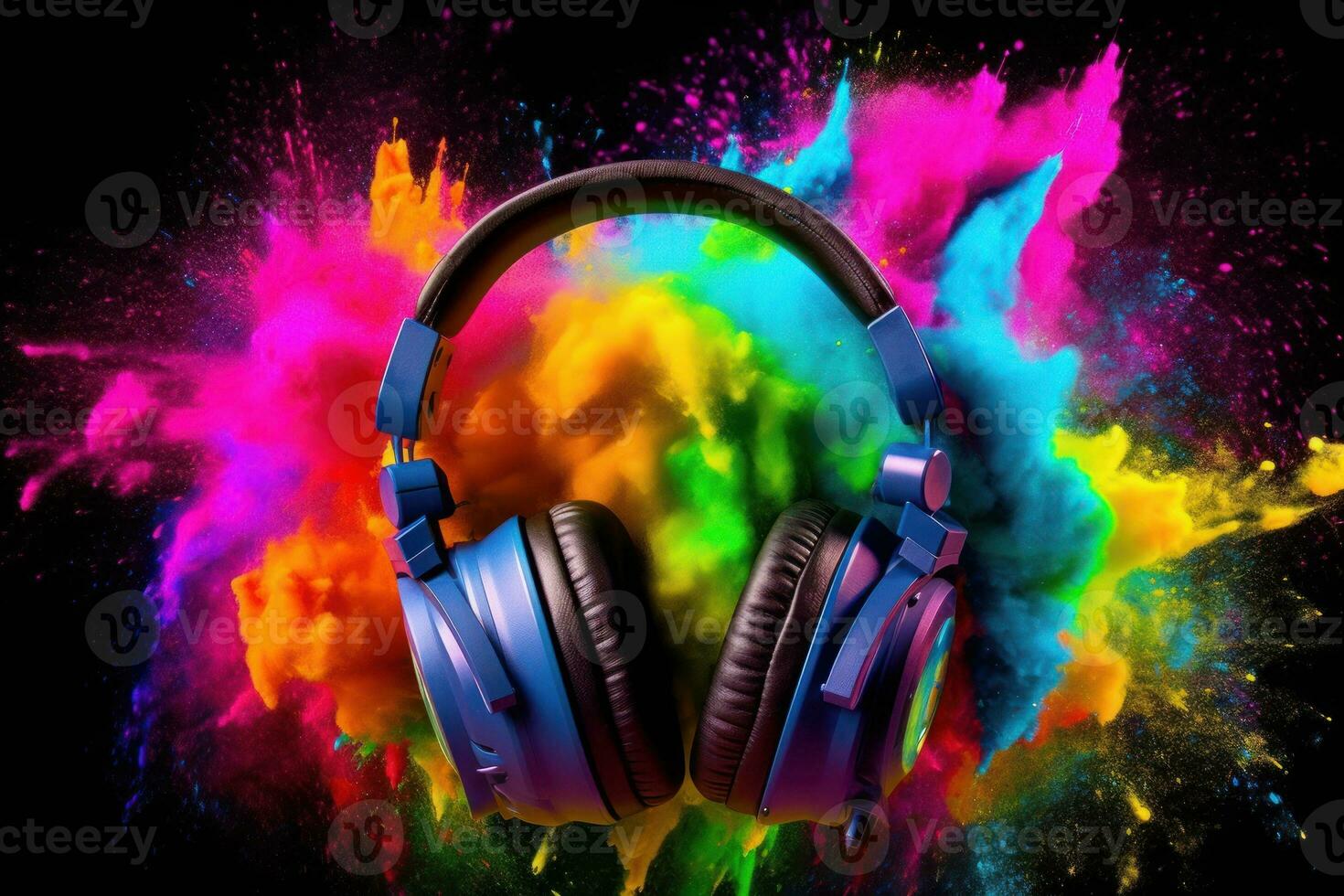 A headphone with colorful color powder splash Generative AI, AI Generative photo