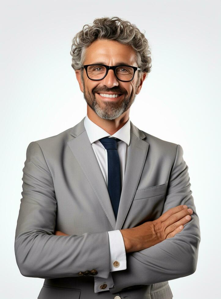 Ai Generative photo confident young businessman in suit standing with arms folded