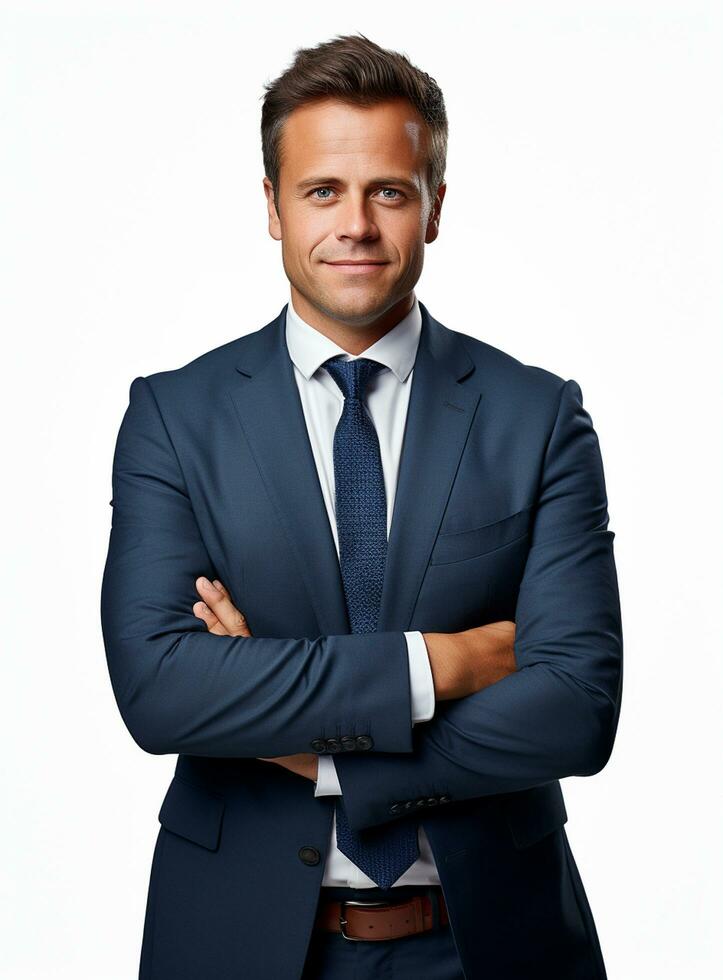 Ai Generative photo confident young businessman in suit standing with arms folded
