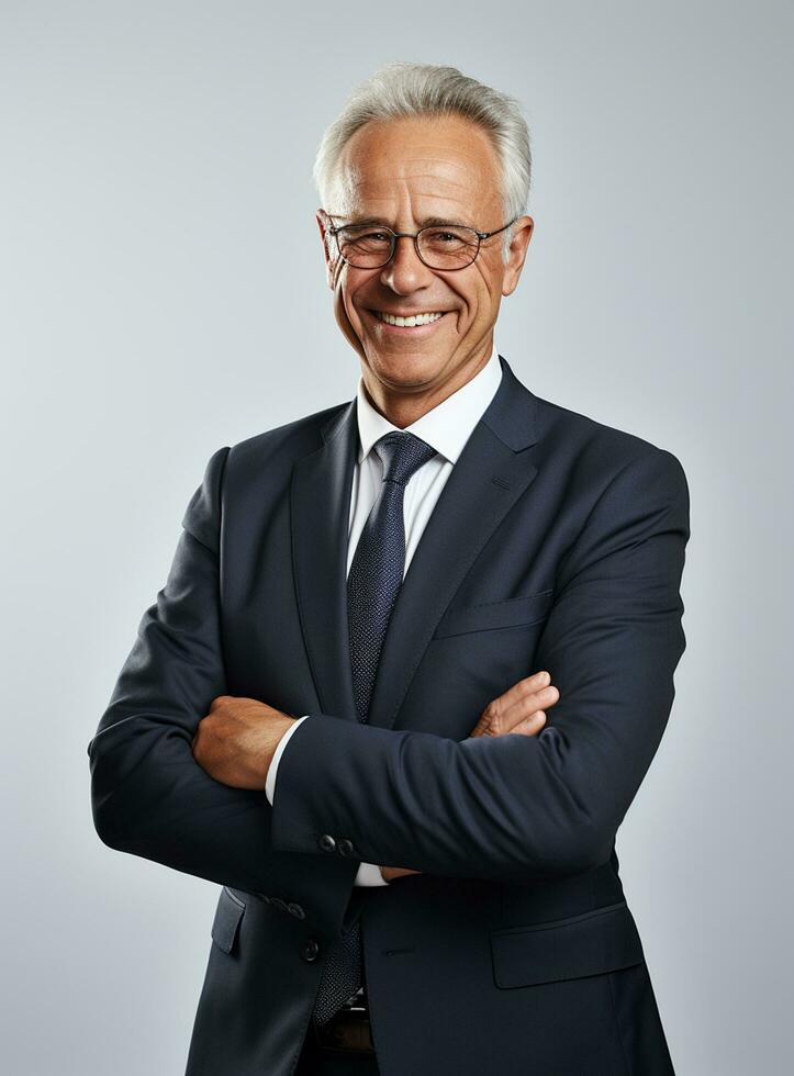 Ai Generative photo confident young businessman in suit standing with arms folded