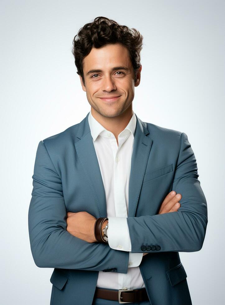 Ai Generative photo confident young businessman in suit standing with arms folded