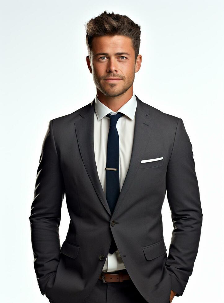 Ai Generative happy business man in a suit white background photo