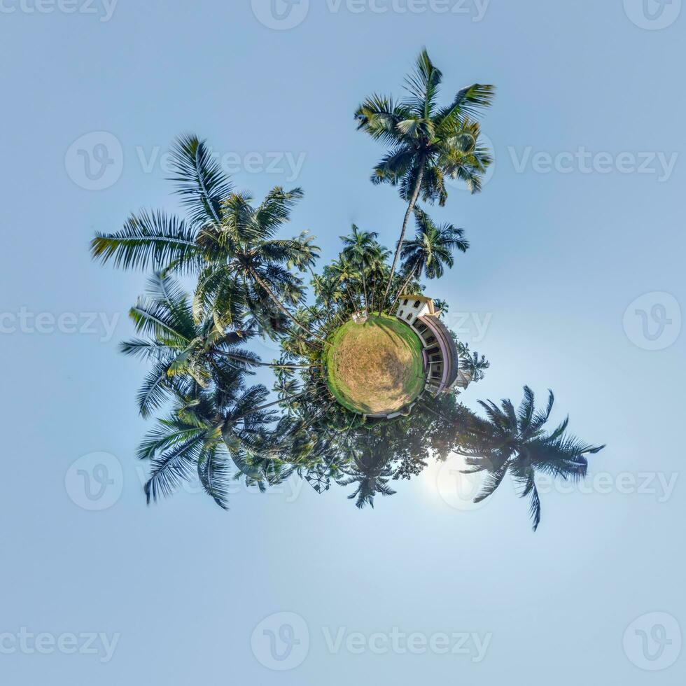 coconut trees in jungle in Indian tropic village on sea shore on little planet in blue sky, transformation of spherical 360 panorama. Spherical abstract view with curvature of space. photo