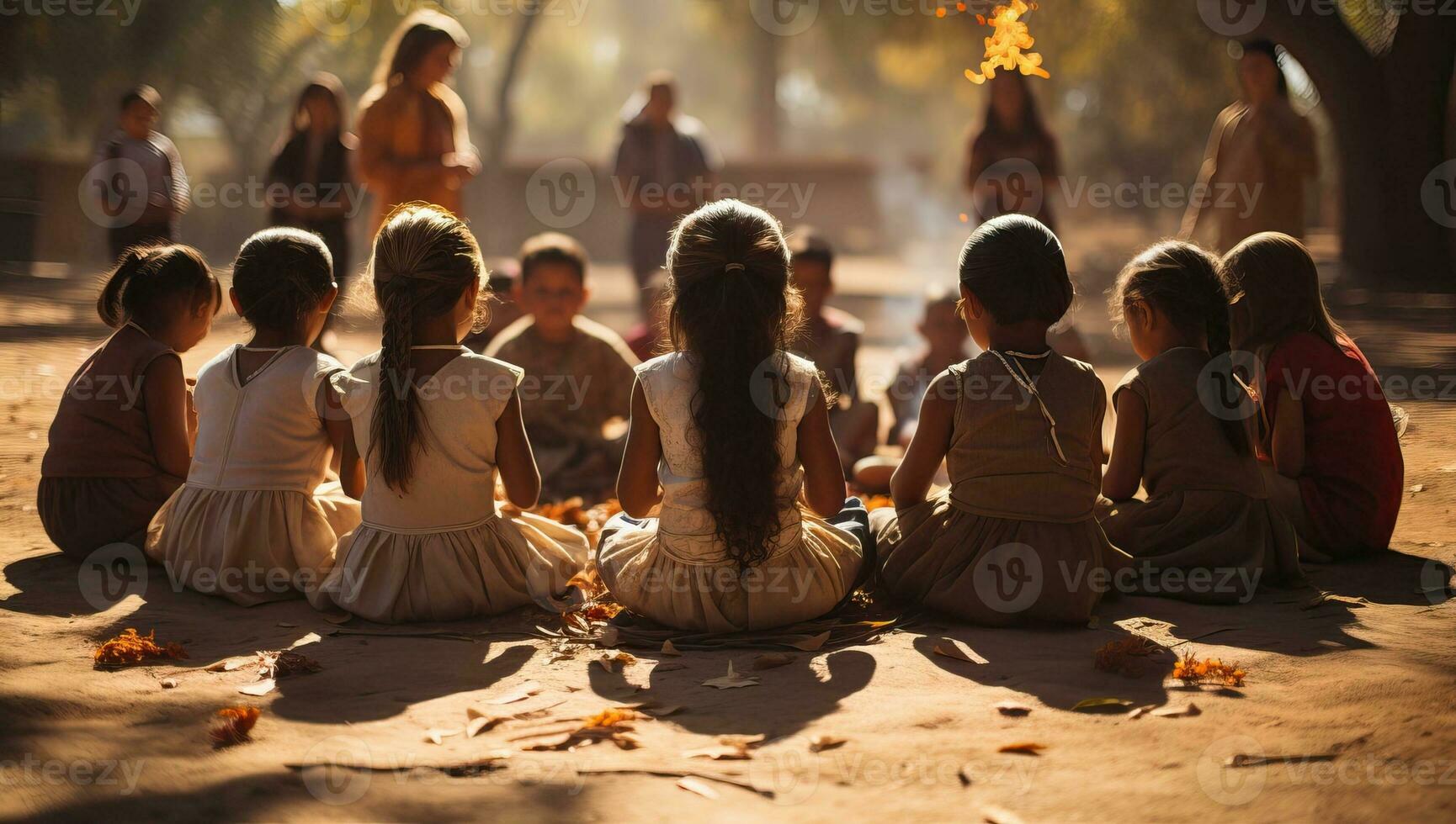 niños reunión en otoño parque. ai generado. foto