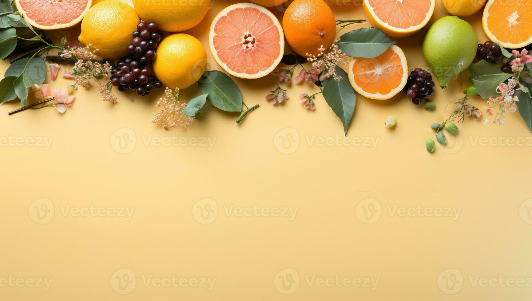 Assorted Citrus Fruits on Yellow Background. AI Generated. photo